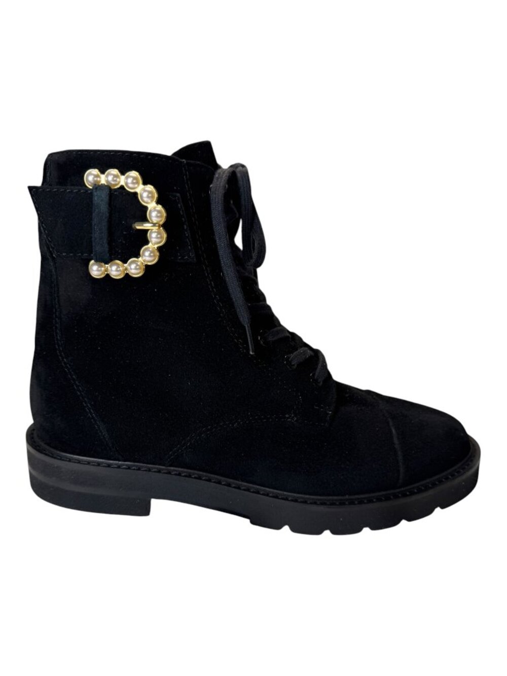 NWT Stuart Weitzman Pearl Buckle Suede Lug Sole Combat Boots Black 8.5